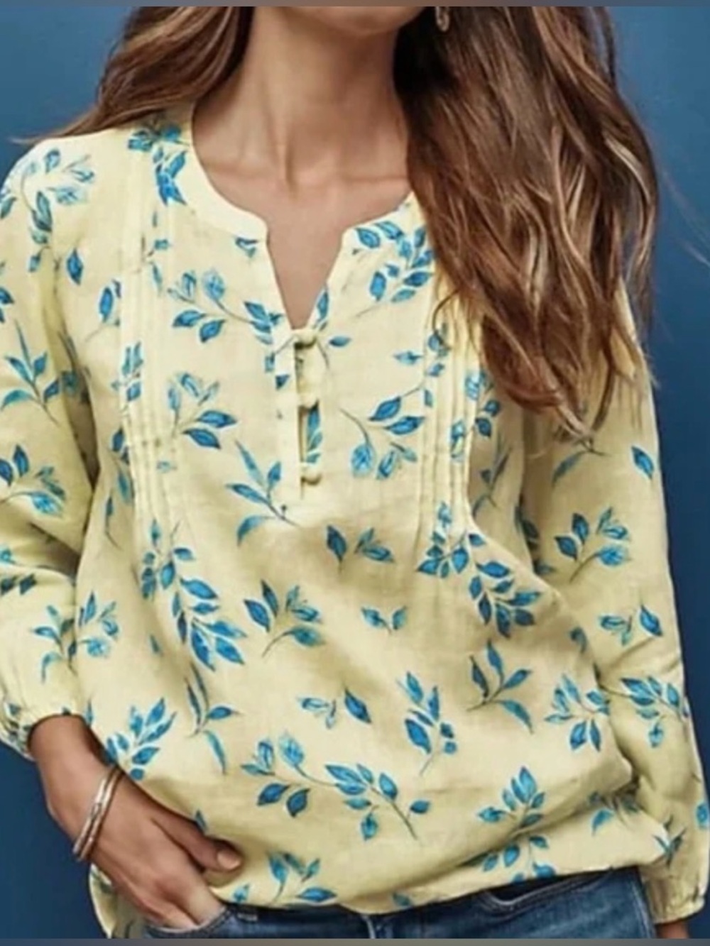 J. Jill Love Linen Pintuck Floral Blouse Boho Cottagecore Coastal Chic Tunic Top